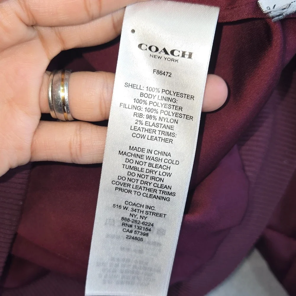 COACH New York Women Quilted Bomber Jacket Burgundy F86472 Size S Leather Trim